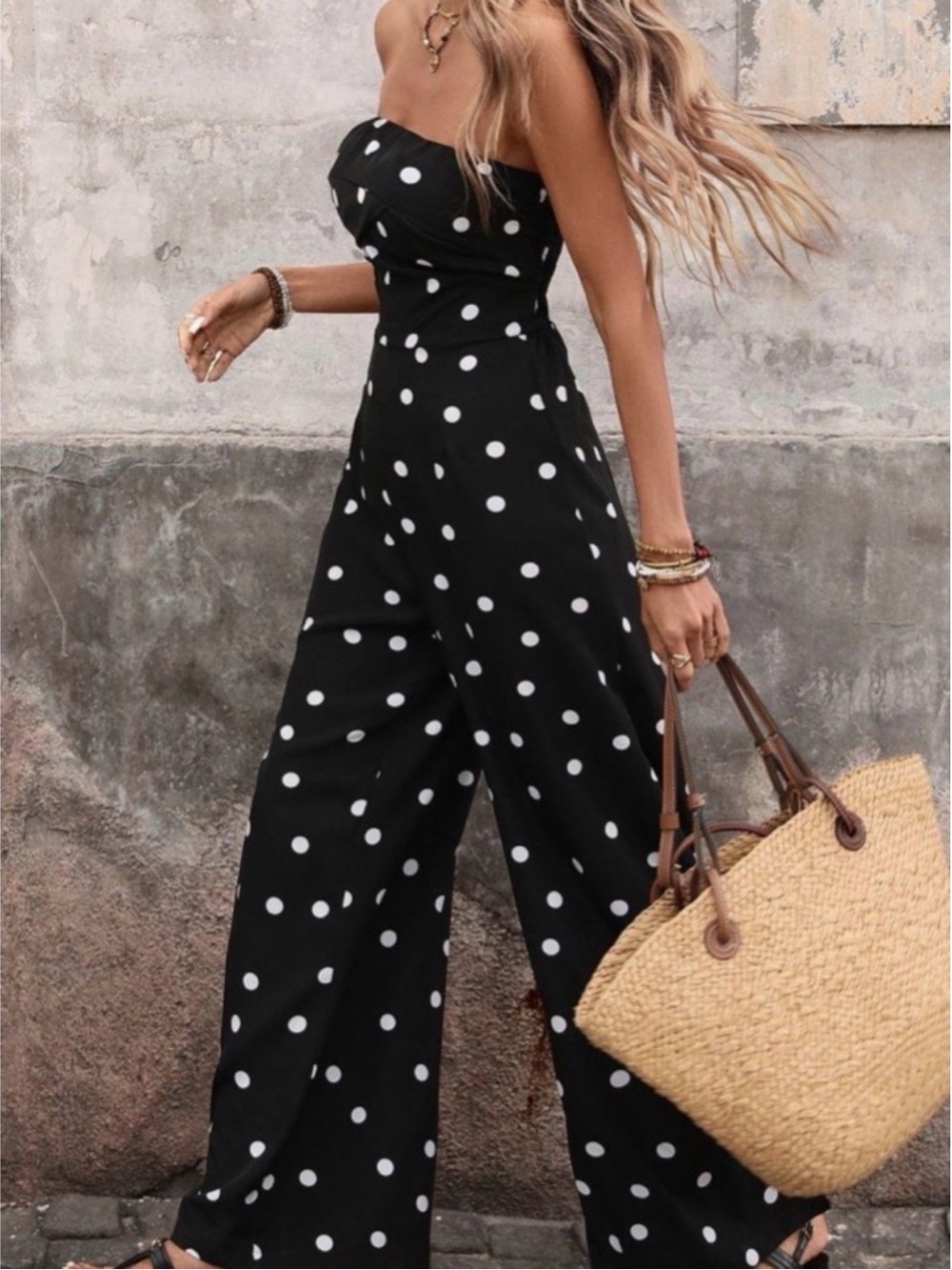 Strapless Black Polka Dot Wide-Leg Jumpsuit